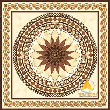 Mẫu sàn gạch thang máy hoa văn vuông nền kem, mandala hoa cúc nâu, viền dây thừng cổ điển