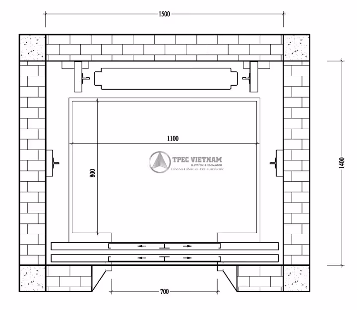Bản vẽ mặt bằng kích thước hố thang máy gia đình, cabin 1100x800mm, hố thang 1500x1400mm