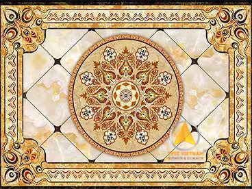 Mẫu sàn gạch thang máy hoa văn, mandala tròn vàng cổ điển trên nền đá vân cẩm thạch