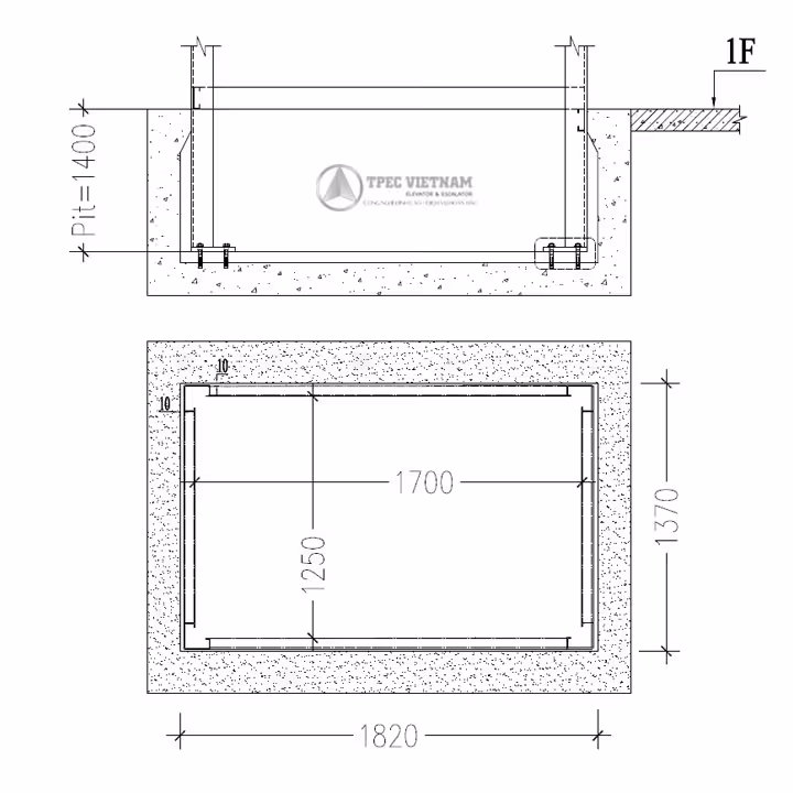 Bản vẽ mặt cắt và mặt bằng hố pit thang máy kính, chiều sâu pit 1400mm, hố 1820x1370mm