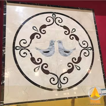 Sàn thang máy đá marble hoa văn tròn đôi chim bồ câu, viền họa tiết cuộn