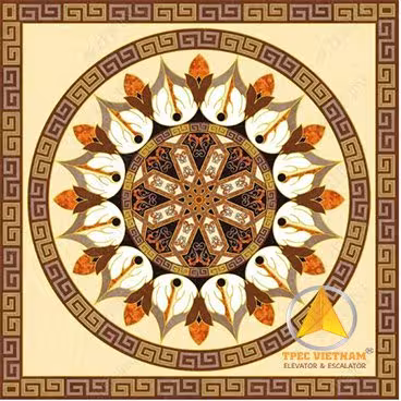 Mẫu sàn gạch thang máy hoa văn vuông nền vàng kem, mandala hoa loa kèn, viền Hy Lạp nâu