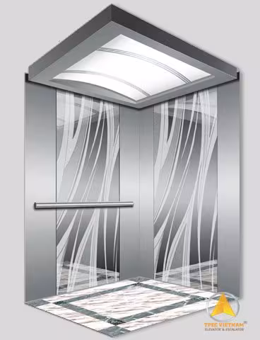Mẫu cabin thang máy inox gương khắc hoa văn sọc uốn lượn trắng, tay vịn inox, sàn ốp đá vân
