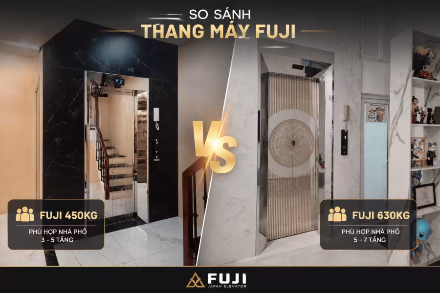 So sánh thang máy FUJI 450kg và 630kg qua hai cabin lắp thực tế nhà phố
