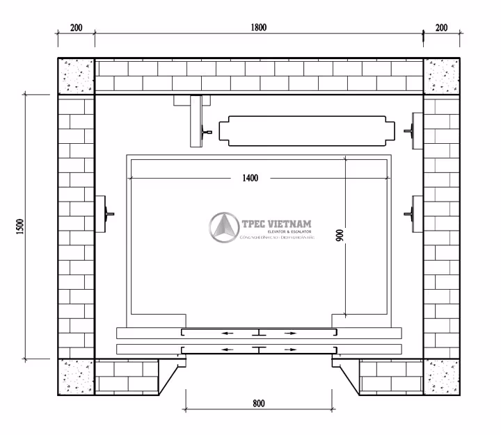 Bản vẽ mặt bằng kích thước hố thang máy gia đình 450kg, cabin 1400x900mm, hố thang 1800x1500mm