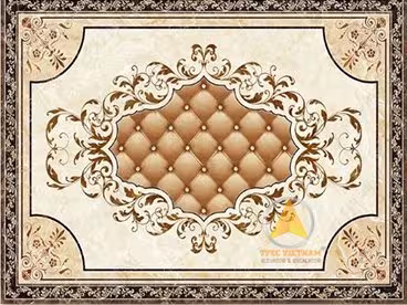 Mẫu sàn gạch thang máy hoa văn cổ điển, mảng đệm chần bông nâu ở giữa, viền hoa lá vàng