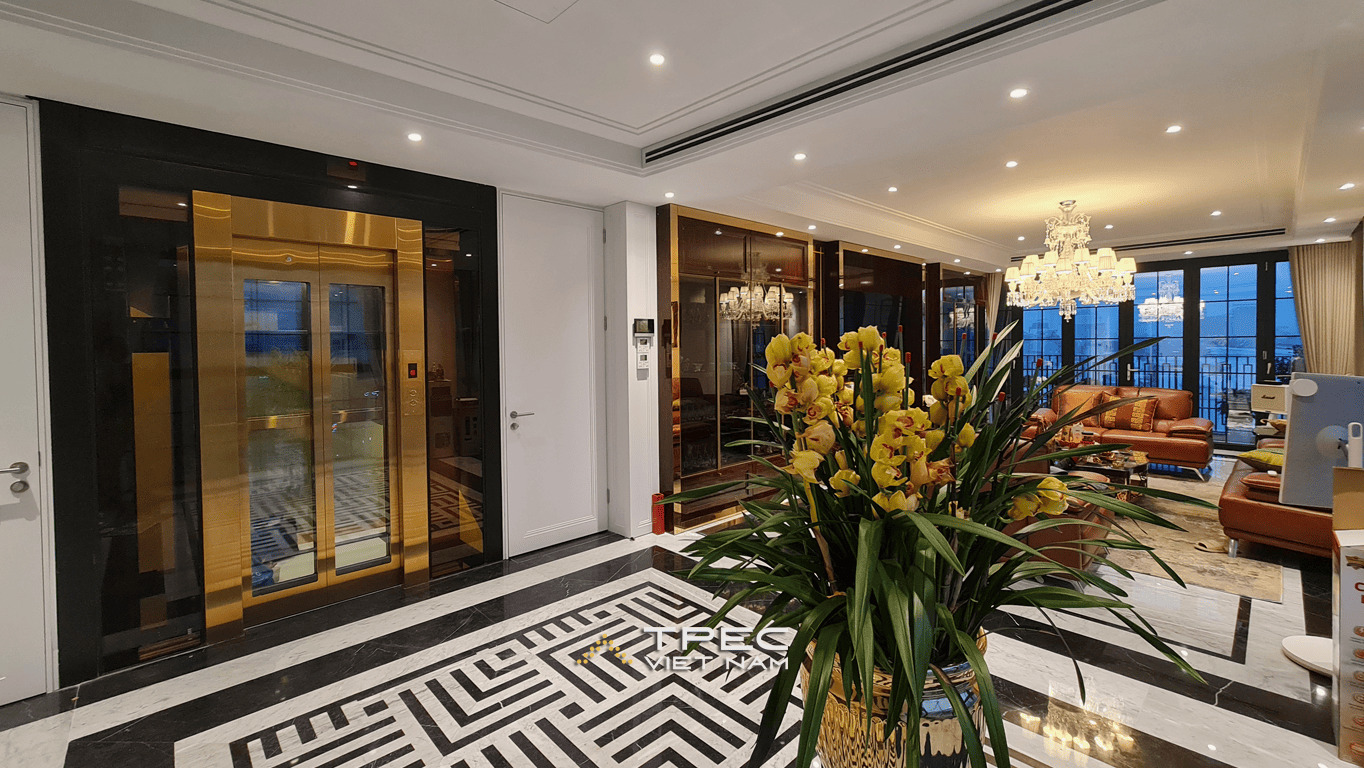 Thang máy kính khung thép đen, cabin inox vàng nhìn ra phòng khách penthouse Tôn Đức Thắng