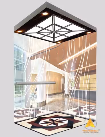 Mẫu cabin thang máy quan sát vách kính khắc vân sóng, sàn lát hoa văn hình sao