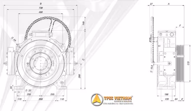 Bản vẽ kỹ thuật động cơ máy kéo Montanari MGX80 thể hiện kích thước lắp đặt