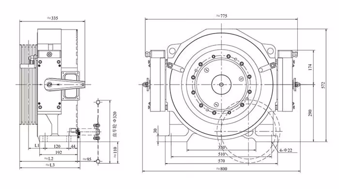 Bản vẽ kỹ thuật động cơ thang máy Torin GTW9 với kích thước chi tiết hai mặt