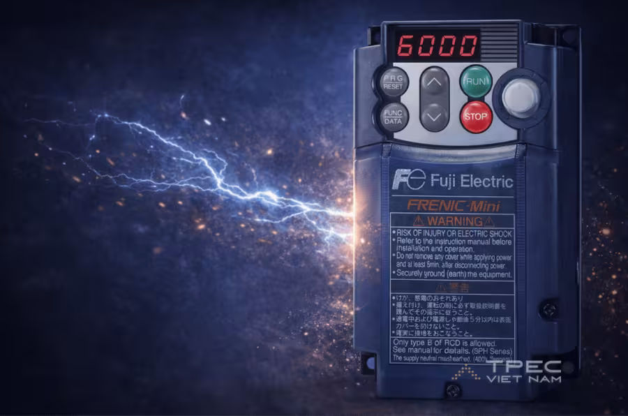 Biến tần thang máy Fuji Electric FRENIC-Mini trên nền hiệu ứng tia điện
