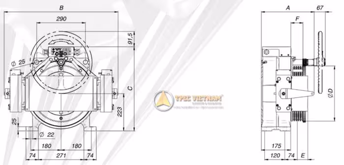 Bản vẽ kỹ thuật động cơ thang máy Montanari MGX75 sản xuất tại Ý