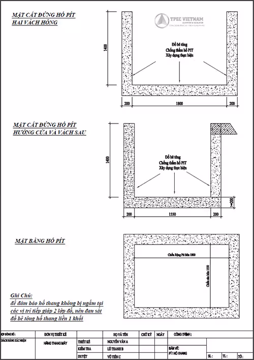 Bản vẽ kết cấu hố pit thang máy: mặt cắt đứng hai vách và mặt bằng, chiều sâu pit 1400mm