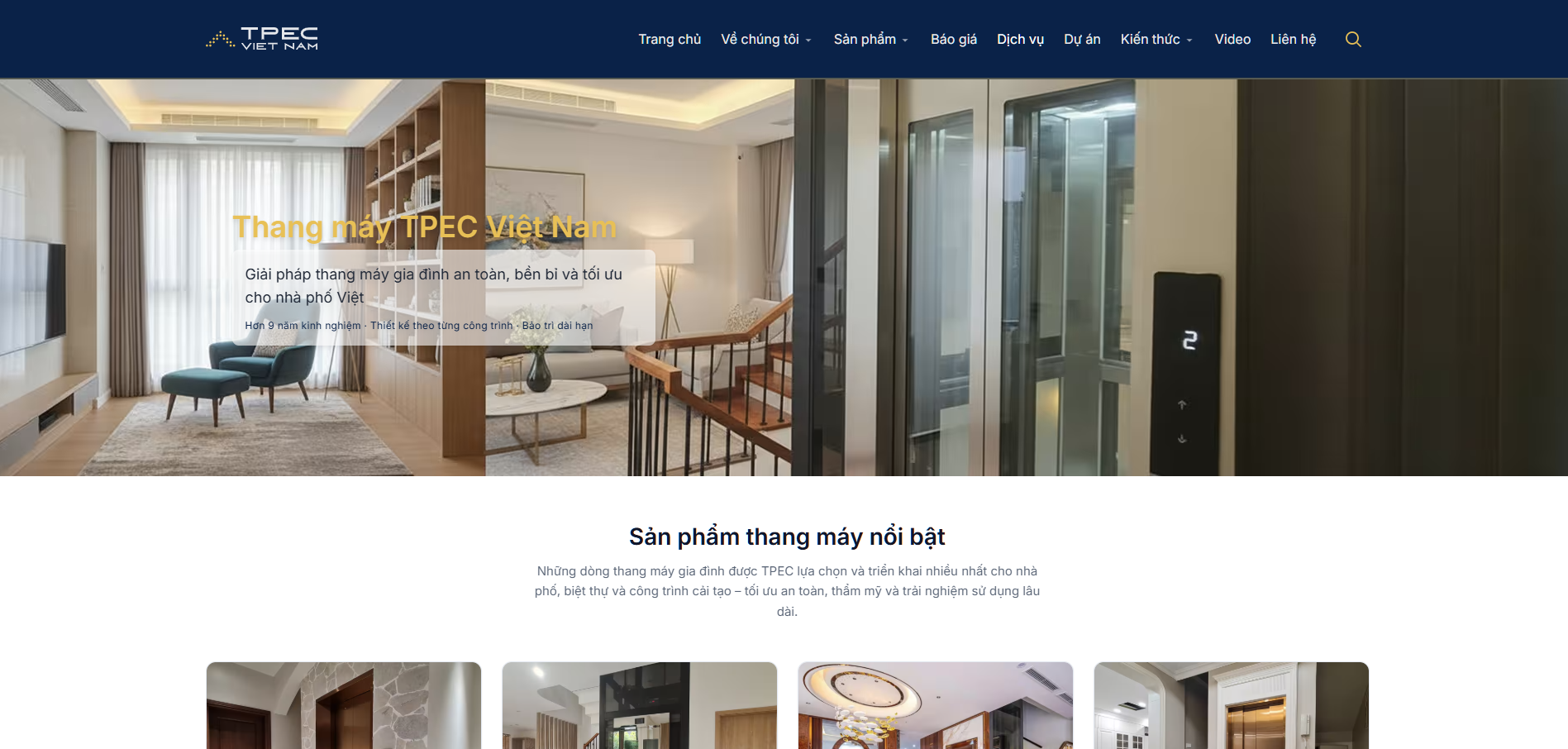 Giao diện website mới Thang máy Thiên Thành Phát: trang chủ với banner thang máy gia đình và menu điều hướng