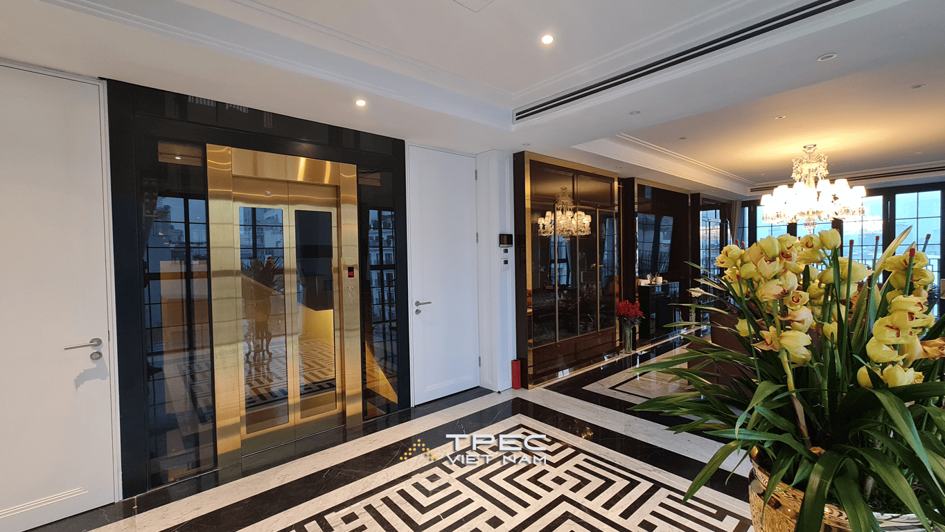 Thang máy kính giếng đen, cabin inox vàng gương trong căn hộ sang trọng Tôn Đức Thắng