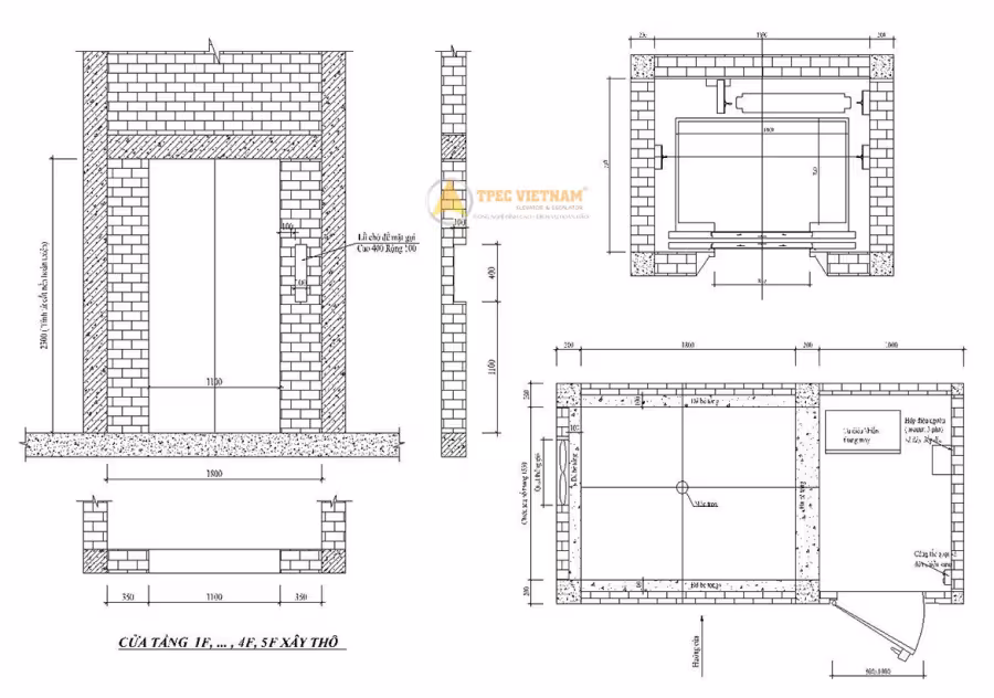 Bản vẽ xây dựng cửa tầng và mặt cắt ngang hố thang máy, kích thước hố 1800mm, thông thủy cửa 1100mm