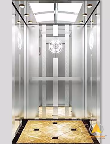 Mẫu cabin thang máy inox gương khắc hoa văn tròn, sàn đá vân vàng sang trọng