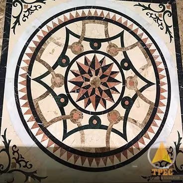 Sàn thang máy đá marble hoa văn tròn hình ngôi sao la bàn, điểm nhấn nâu cam