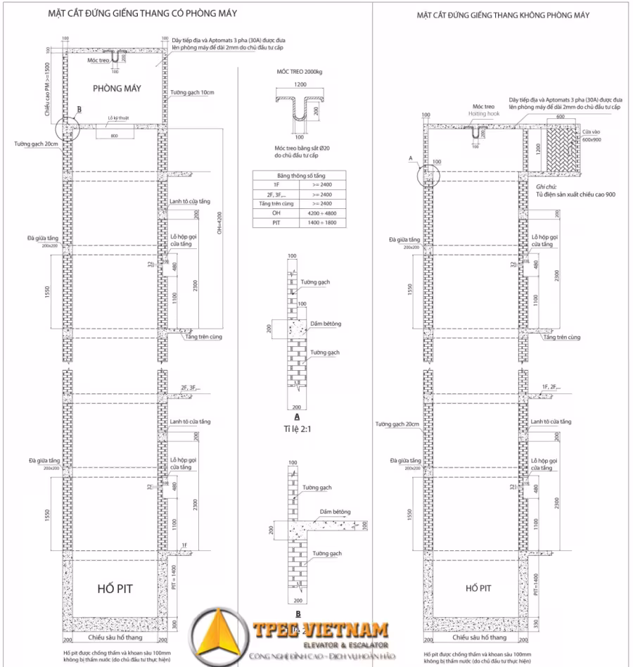 Bản vẽ mặt cắt đứng giếng thang máy có phòng máy và không phòng máy, OH 4200mm, PIT 1400mm