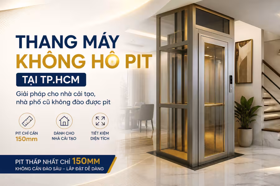 Thang máy không hố pit tại TP.HCM khung kính cạnh cầu thang, pit chỉ cần 150mm cho nhà cải tạo