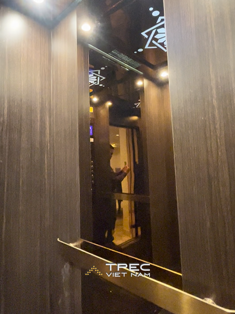 Vách cabin laminate vân gỗ sẫm và tay vịn inox, thang tải khách 450kg khách sạn Hội Vũ