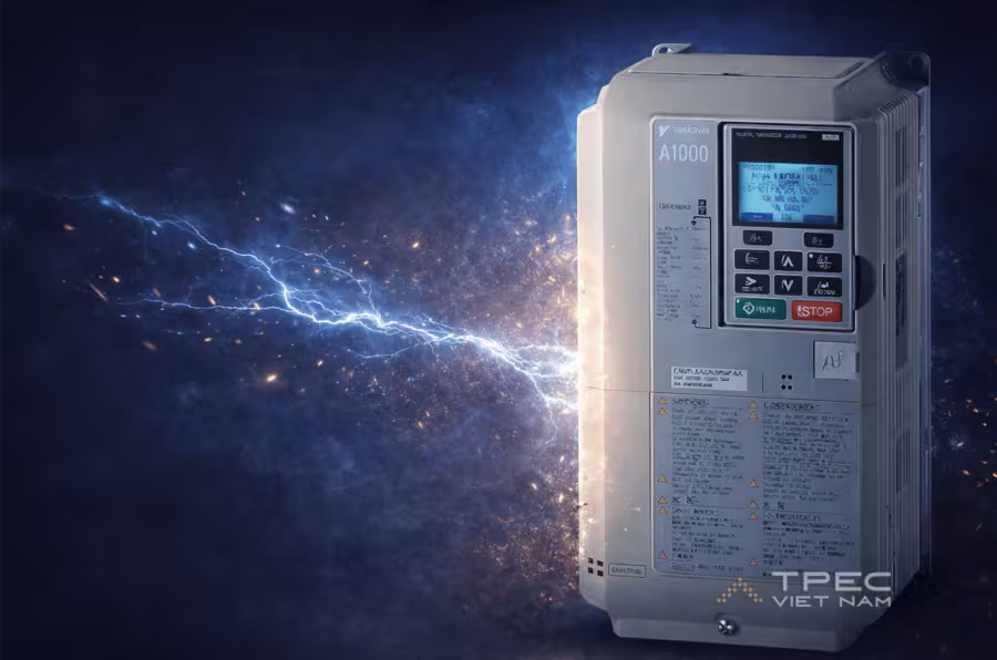 Biến tần thang máy Yaskawa A1000 Nhật Bản với hiệu ứng tia điện xanh