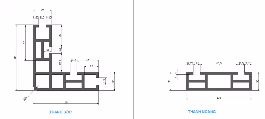 Bản vẽ kỹ thuật mặt cắt thanh nhôm định hình khung nhôm thang máy: thanh góc và thanh ngang kèm kích thước